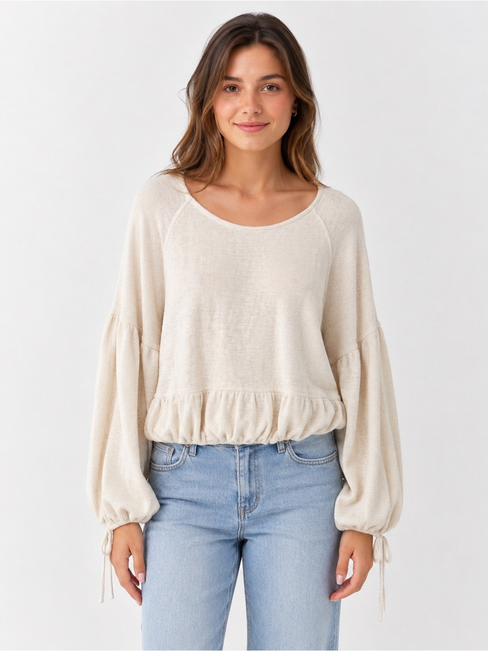 aerie Cream Ruffle-Hem Pullover Top